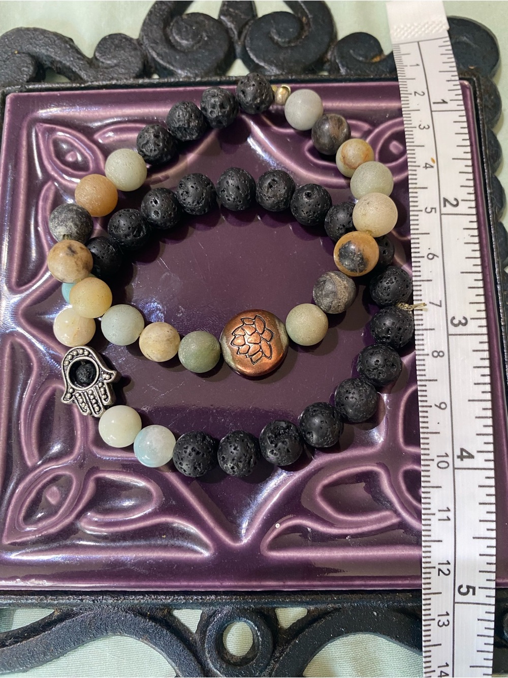 Black Lava & Multicolor Stone & Bead Bracelet Set with Lotus Accent